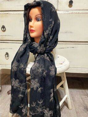 Sale!! Embroidered Floral Black Scarf - Women Accessories